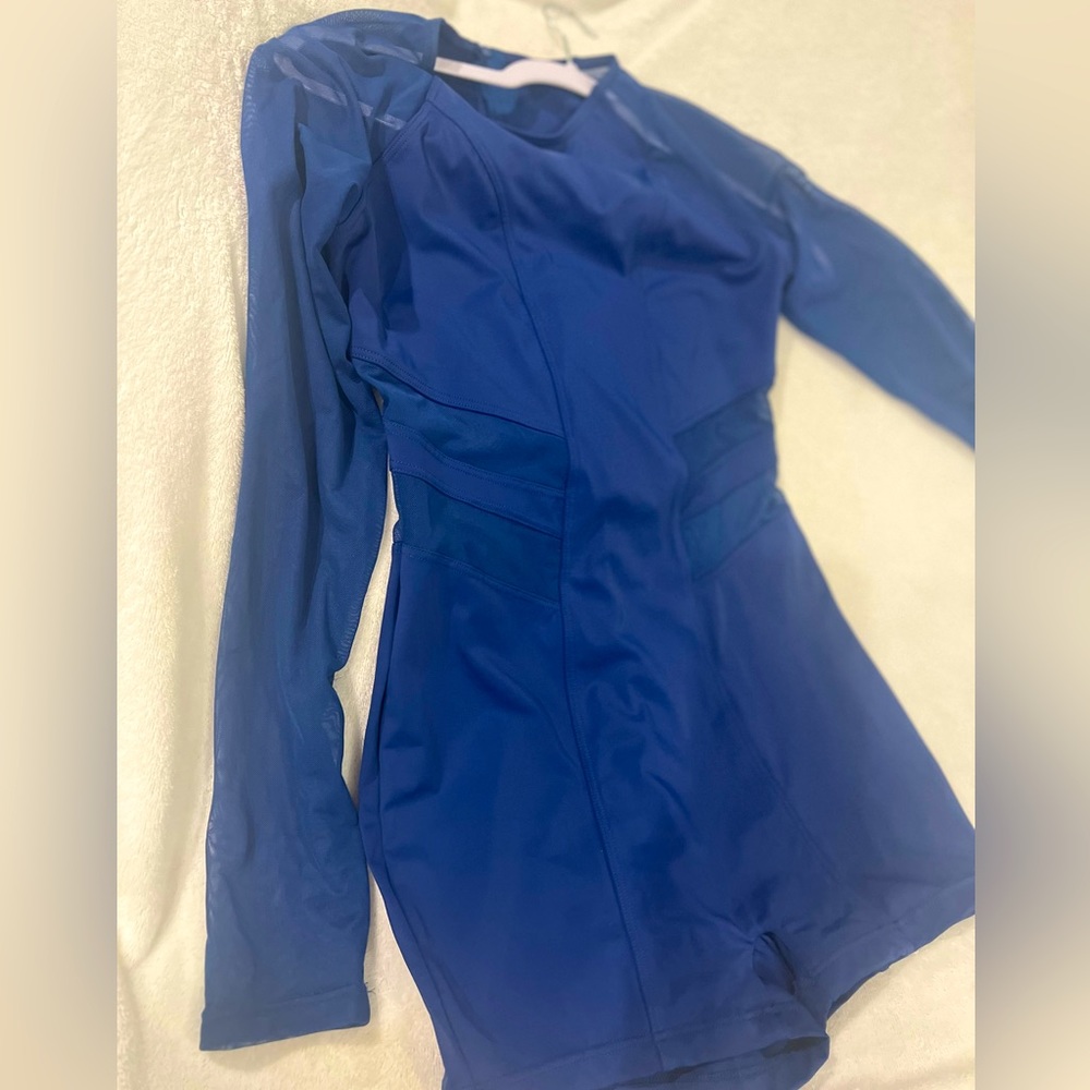 DANCE- Balera Navy Longsleeve Biketard with Mesh Adult Medium